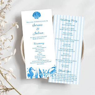 Blue Watercolor Nautical Coastal Stripe Wedding Program