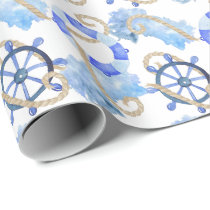Blue watercolor nautical design with anchor, shell wrapping paper
