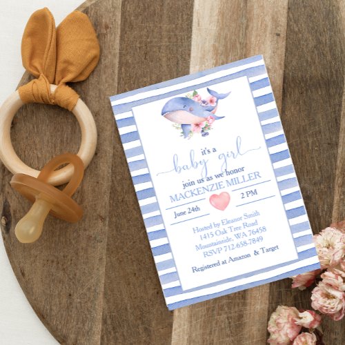 Blue watercolor nautical whale girl baby shower invitation