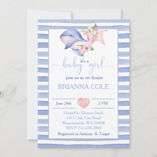 Blue watercolor nautical whale girl baby shower invitation