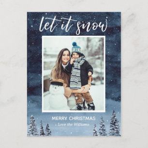 Blue Watercolor Night Let it Snow Christmas Holiday Postcard