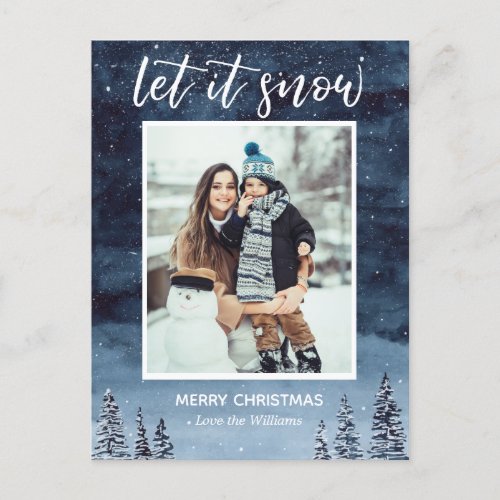 Blue Watercolor Night Let it Snow Christmas Holiday Postcard