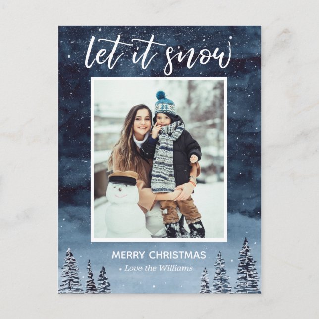 Blue Watercolor Night Let it Snow Christmas Holiday Postcard (Front)