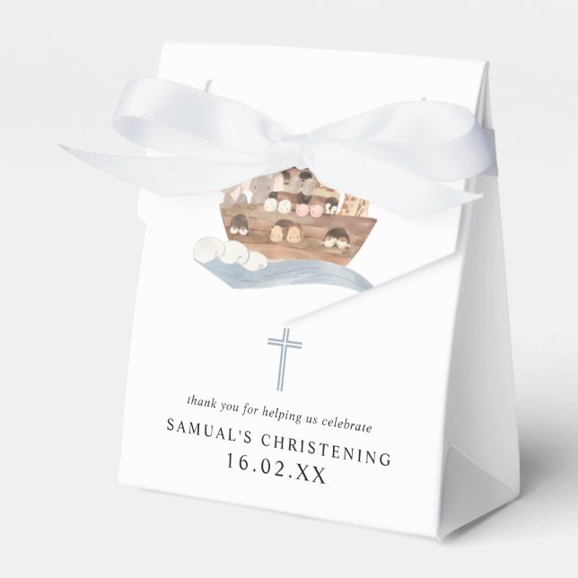 Blue Watercolor Noah's Ark Boy Christening  Favor  Boxes (Front Side)