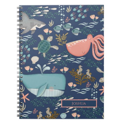 Blue Watercolor Ocean Animal Art Name Monogram Notebook