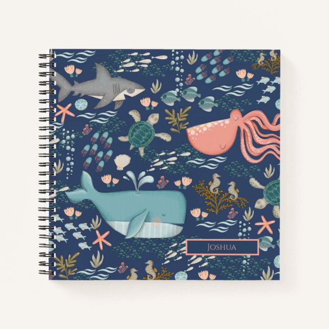 Blue Watercolor Ocean Animal Art Name Monogram Notebook (Front)