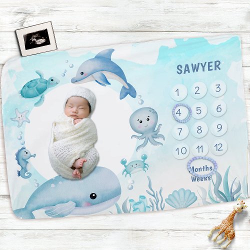 Blue Watercolor Ocean Animal Boy Monthly Milestone Baby Blanket