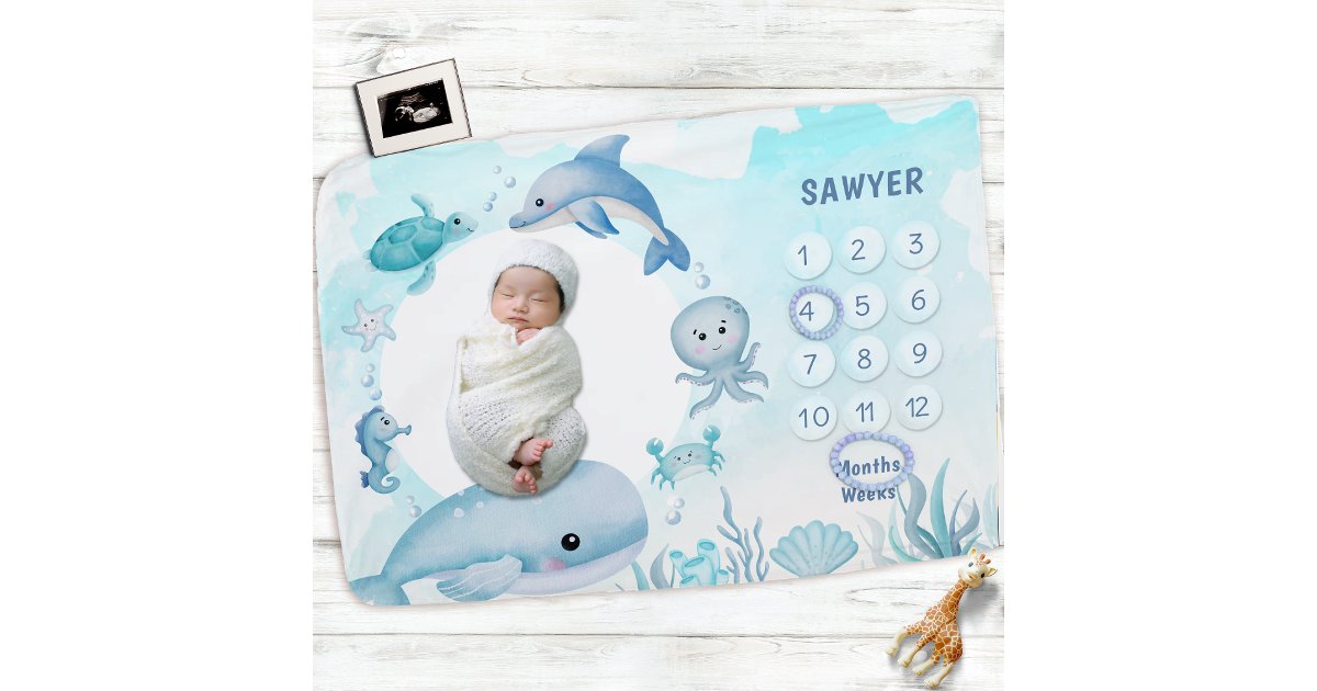 Blue Watercolor Ocean Animal Boy Monthly Milestone Baby Blanket | Zazzle