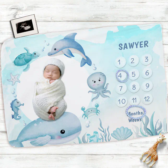 Blue Watercolor Ocean Animal Boy Monthly Milestone Baby Blanket | Zazzle