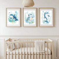 Blue Watercolor Ocean Baby Animals Nursery Decor