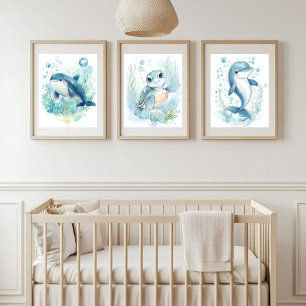 Blue Watercolor Ocean Baby Animals Nursery Decor Wall Art Sets