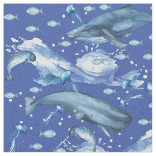 Blue Watercolor Ocean Marine Life Pattern Fabric