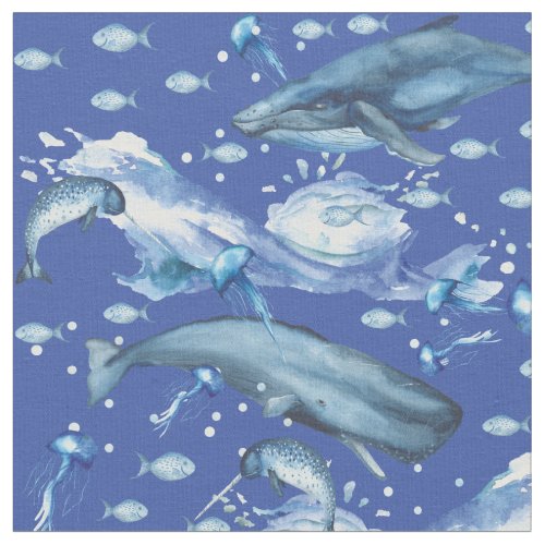 Blue Watercolor Ocean Marine Life Pattern Fabric