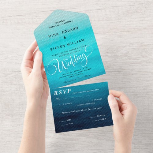 Blue watercolor ocean summer wedding  all in one i all in one invitation