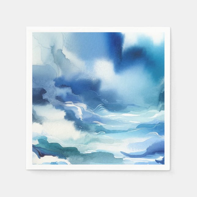 Blue Watercolor Ocean Water Waves Birthday Party Napkins (Front)
