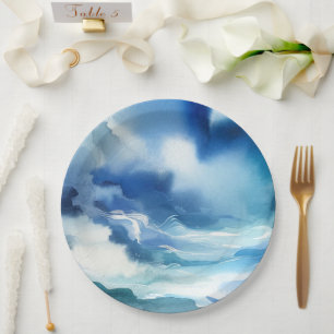 Blue Watercolor Ocean Water Waves Birthday Party Paper Plates