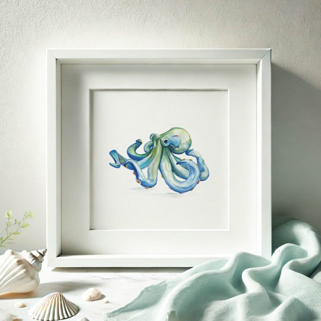 Blue Watercolor Octopus Drawing Poster (Watercolor octopus in shades of blue on a print by Victoria Grigaliunas of Do Tell A Belle)