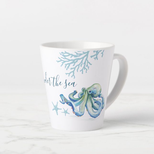 Blue Watercolor Octopus Latte Mug (Right Angle)