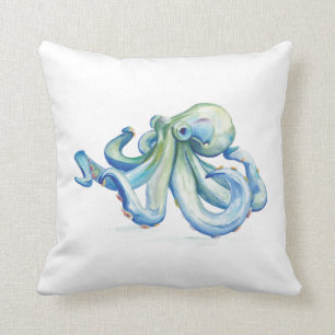 Blue Watercolor Octopus Throw Pillow