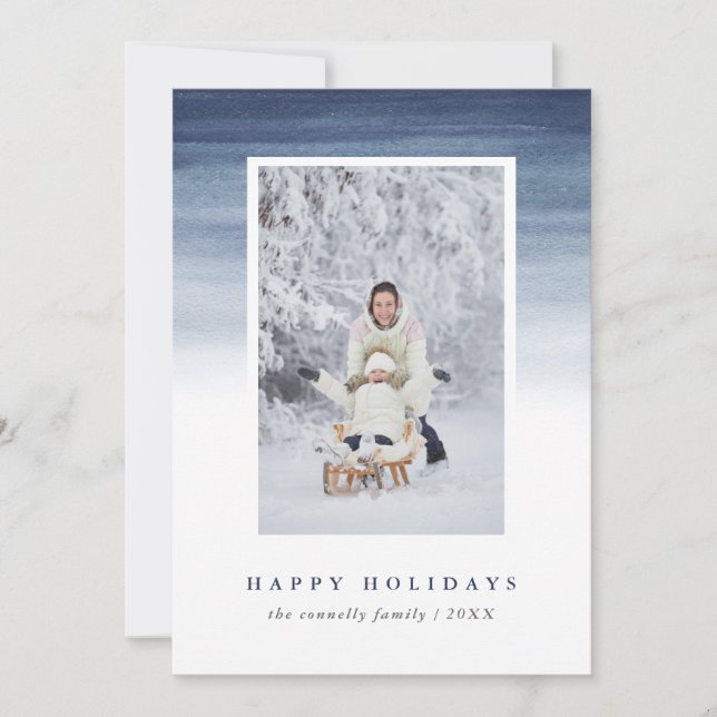 Blue Watercolor Ombre | Holiday Photo (Front)