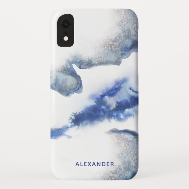 Blue Watercolor Ombre Marble Monogram Case-Mate iPhone Case (Back)