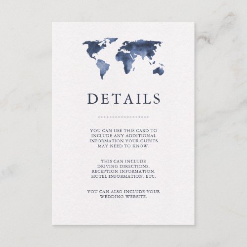 Blue Watercolor on White  World Map Guest Details Enclosure Card