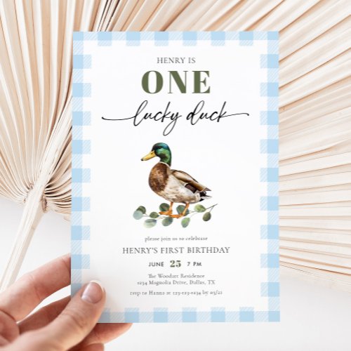 Blue Watercolor One Lucky Duck Boy 1st Birthday Invitation