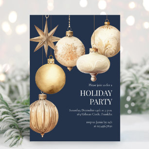 Blue Watercolor Ornaments Holiday Christmas Party Invitation