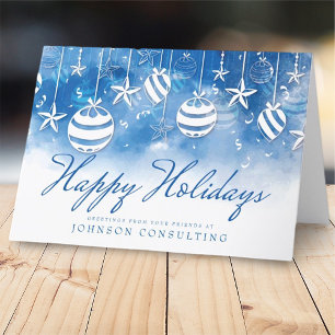 Blue Watercolor Ornaments Holiday Greetings Card
