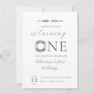 Blue watercolor Our Little Captain is Turning One Invitation