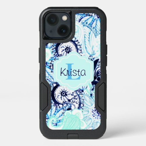 Blue Watercolor Paisley Print wFull Name Monogram iPhone 13 Case