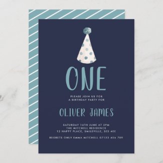 Blue Watercolor Party Hat 1st Birthday Party Invitation