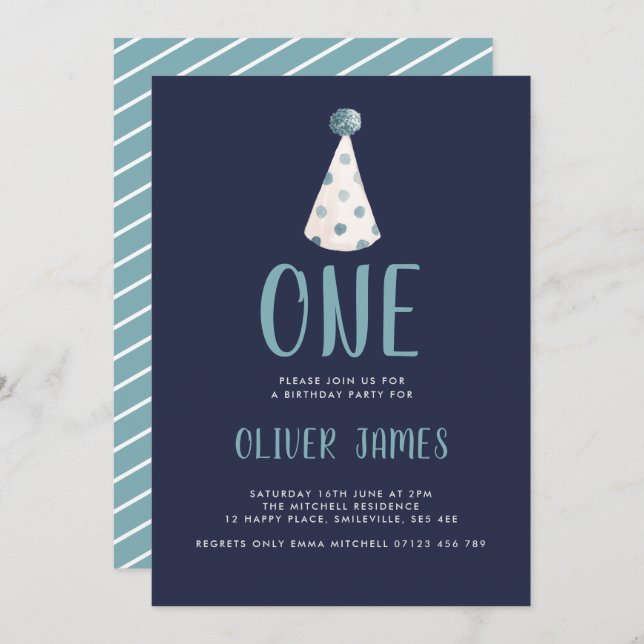 Blue Watercolor Party Hat 1st Birthday Party Invitation (Front/Back)