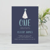 Blue Watercolor Party Hat 1st Birthday Party Invitation (Standing Front)