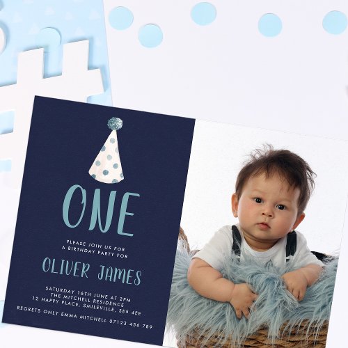 Blue Watercolor Party Hat 1st Birthday Party Photo Invitation