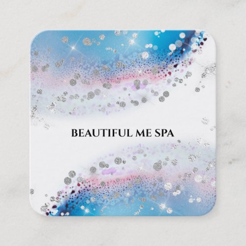  Blue Watercolor Pastel Abstract Silver Glitter Square Business Card