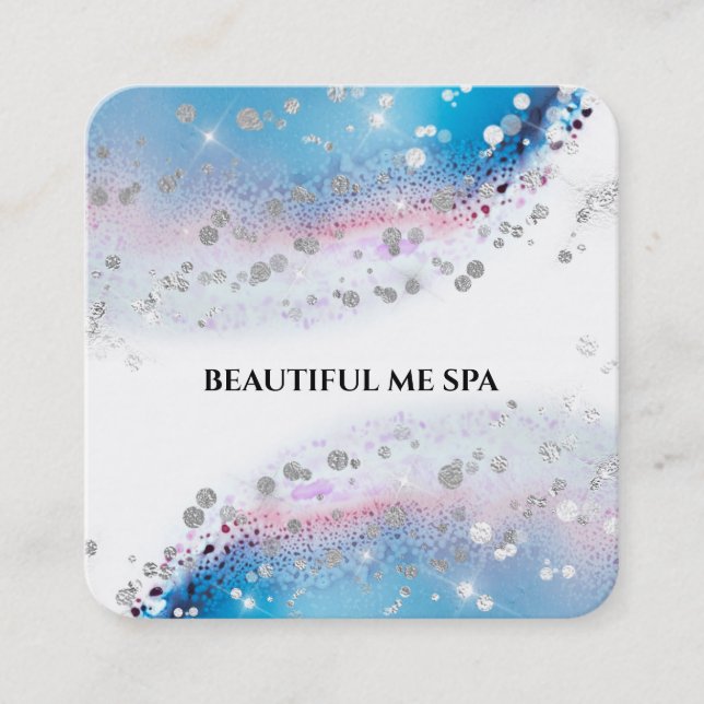 *~* Blue Watercolor Pastel Abstract Silver Glitter Square Business Card (Front)