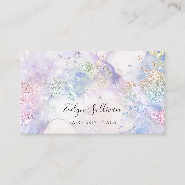 Blue watercolor pastel glitter business card (Front)