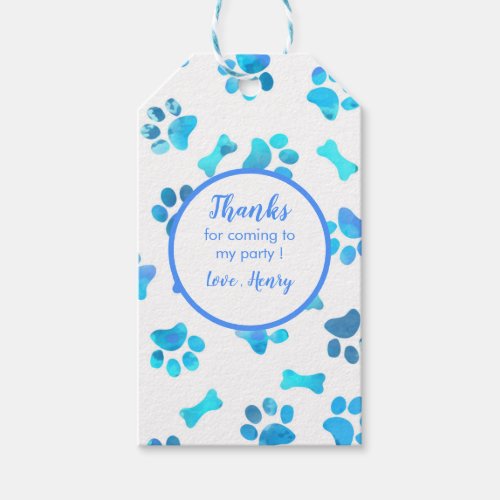 Blue Watercolor Paw Prints Birthday Gift Tags