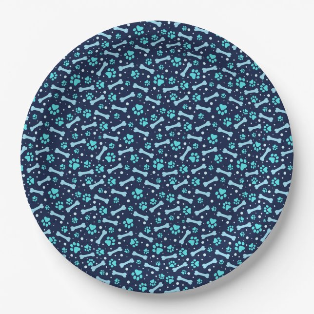 Blue Watercolor Paw Prints Birthday Paper Plates (Front)