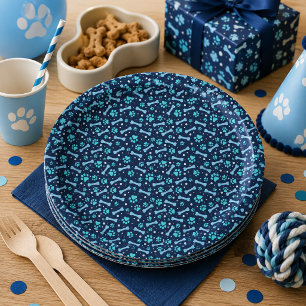 Blue Watercolor Paw Prints Birthday Paper Plates