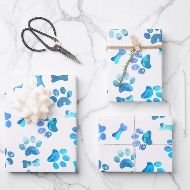 Blue Watercolor Paw Prints Birthday Wrapping Paper (Front)
