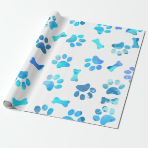 Blue Watercolor Paw Prints Birthday Wrapping Paper