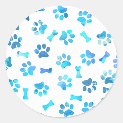 Blue Watercolor Paw Prints Classic Round Sticker