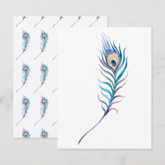 Blue watercolor peacock feather illustration note card (Front/Back)