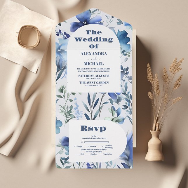 Blue Watercolor  Periwinkle Wildflowers Wedding All In One Invitation (Creator Uploaded)