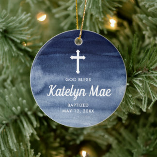Blue Watercolor Personalized Baptism Christening Ceramic Ornament