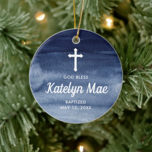 Blue Watercolor Personalized Baptism Christening   Ceramic Ornament