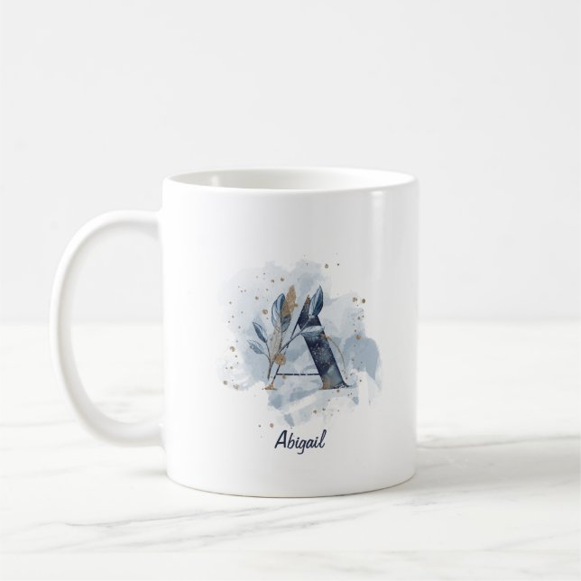 Blue Watercolor Personalized Name Letter Initial A Coffee Mug (Left)