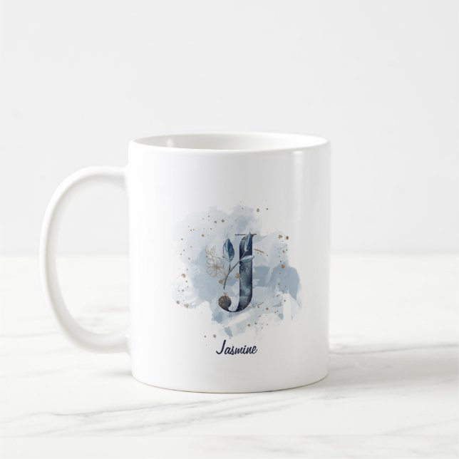 Blue Watercolor Personalized Name Letter Initial J Coffee Mug (Left)